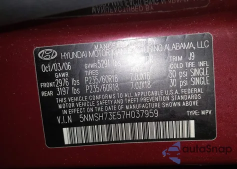 2007 Hyundai Santa Fe Limited/Se z USA, uszkodzony, nr VIN 5NMSH73E57H037959